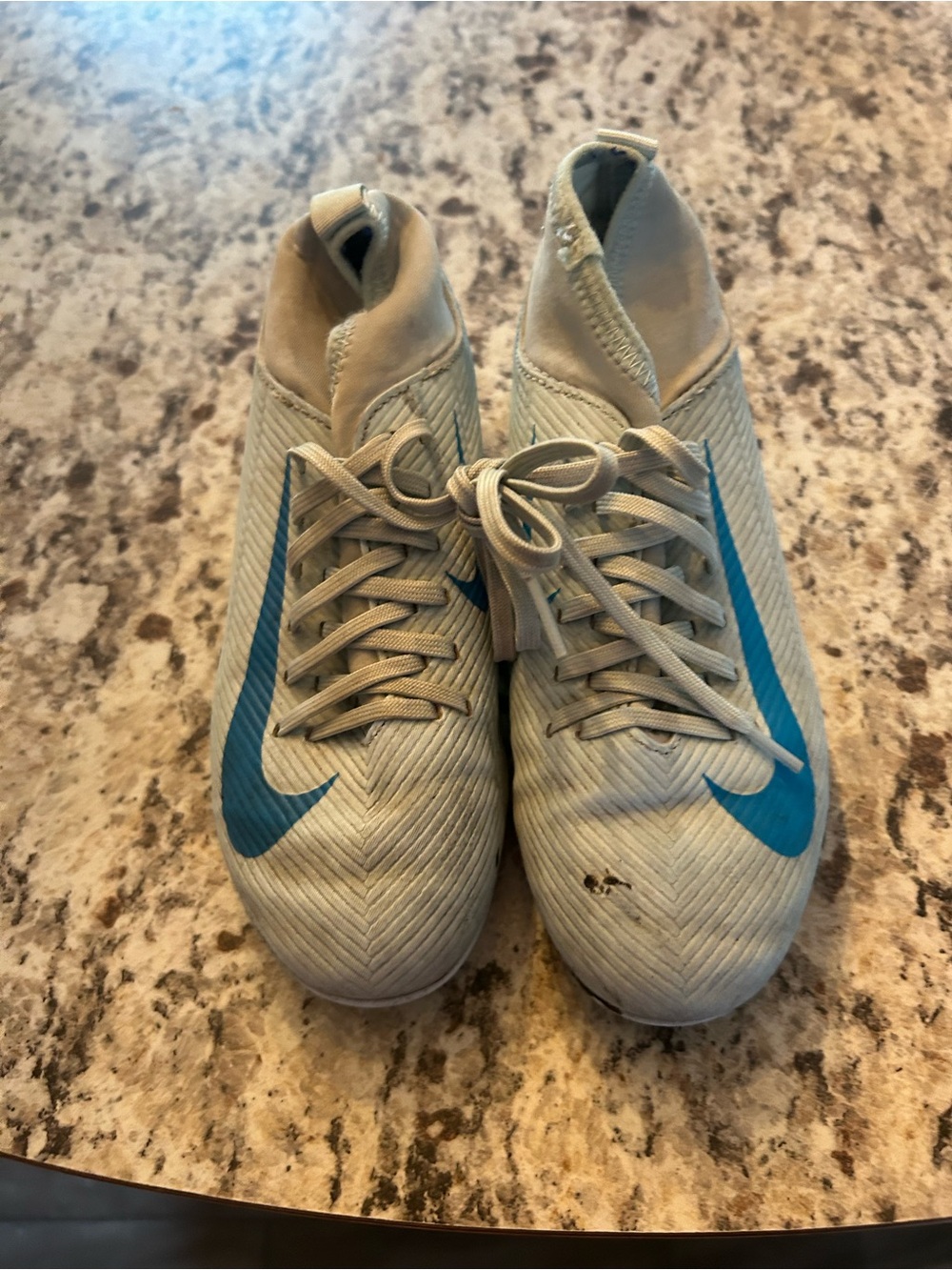Nike Youth Soccer Cleats Light Gray with Teal Swoosh